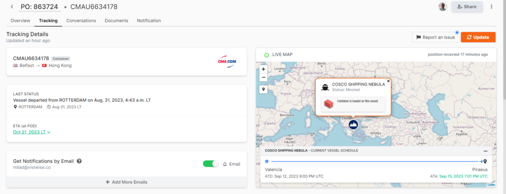 Visiwise Live Location of a shipment