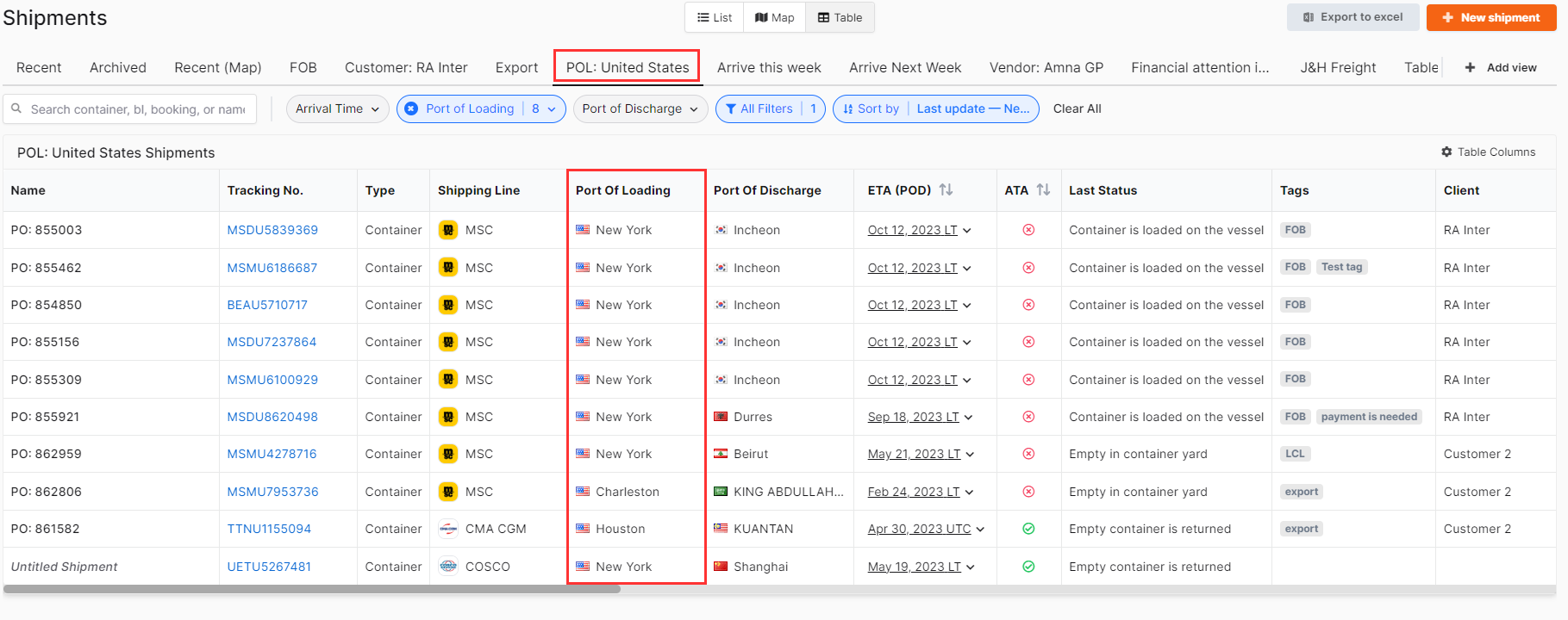 Saved View, showing shipments from United States